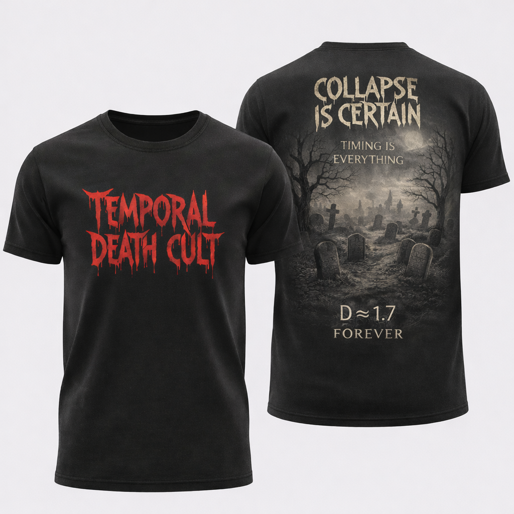 The Collapse T-Shirt - Temporal Death Cult death metal graveyard design with D ≈ 1.7 FOREVER back print